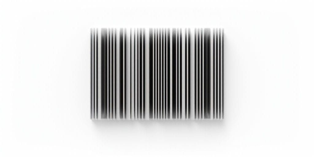 Un motif de code-barres noir et blanc domine l'image, créant un design linéaire répétitif à contraste élevé.