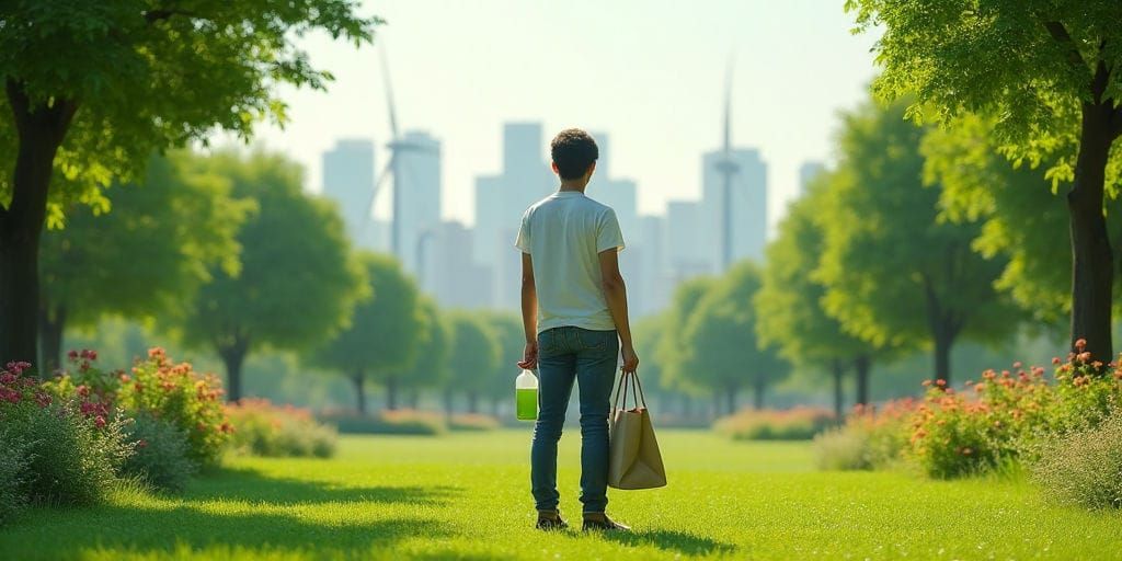 一人の男性が、ボトルと買い物袋を持ち、青々とした公園に立って、街のスカイラインを眺めている。
