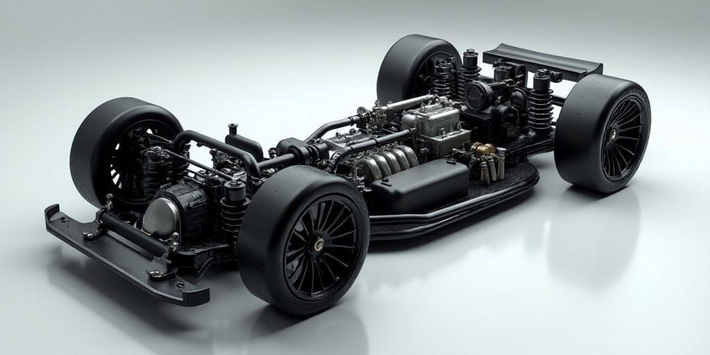 Un châssis noir domine l'image avec un design élégant et des composants détaillés suggérant un véhicule haute performance