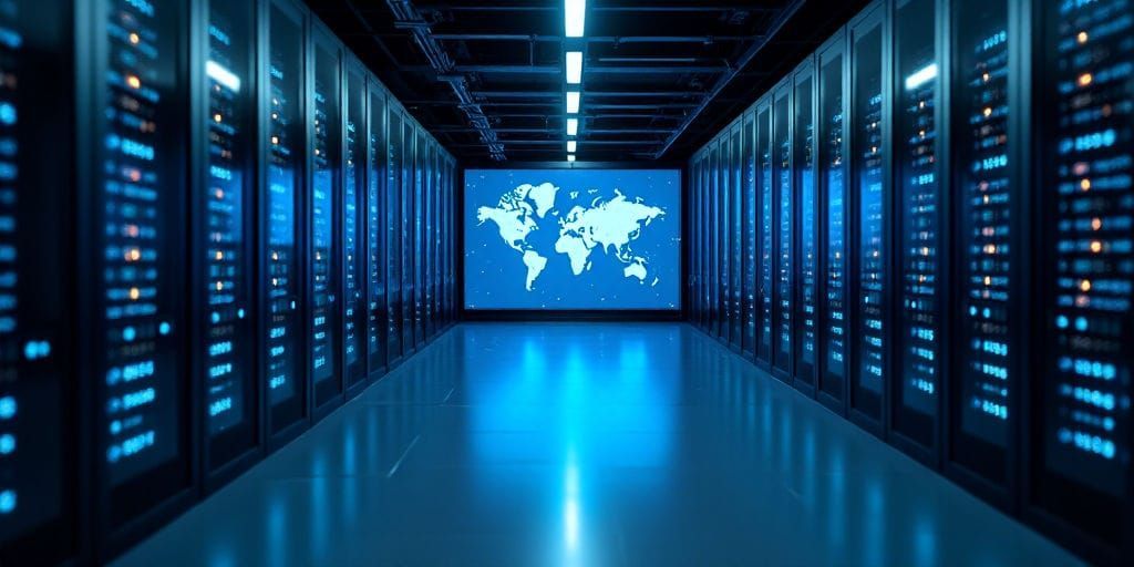 Uma sala de servidores bem iluminada apresenta fileiras de servidores de computador brilhantes sob um gráfico proeminente de mapa-múndi indicando nuvem