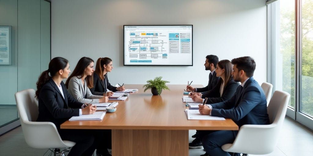 Eine Gruppe von Geschäftsleuten sitzt um einen großen Holztisch für Konferenzen und schreibt in Notizbüchern in einem hellen, modernen