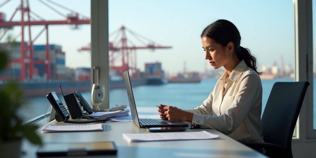 Una mujer trabaja en una computadora portátil en un escritorio con documentos y un teléfono en un entorno de oficina con vista al agua de grúas.