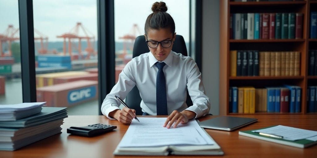 امرأة ترتدي قميصًا أبيض تكتب بدقة على مستندات على مكتب مليء بالأوراق وآلة حاسبة