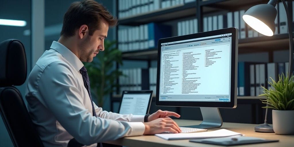 A man sits at a desk intently typing on a computer monitor surrounded by files and a potted plant a modern office setting