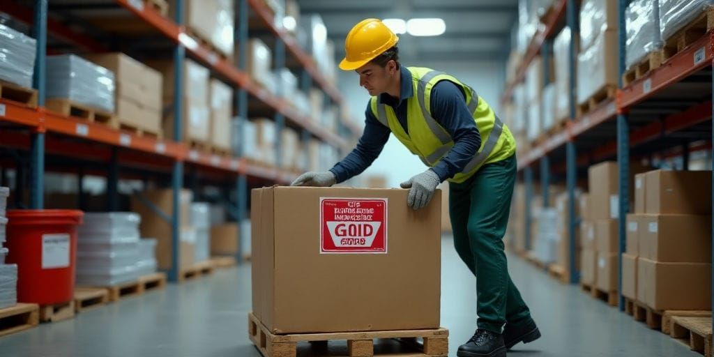 Un trabajador está moviendo cuidadosamente una caja de cartón grande a través del suelo de un almacén bien iluminado