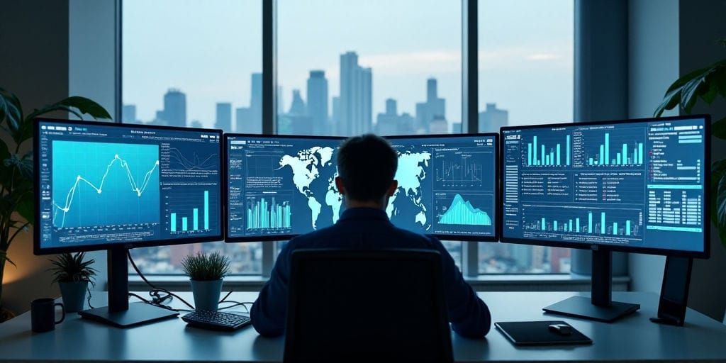 A person sits at a desk overlooking a cityscape with multiple computer monitors displaying data analytics charts