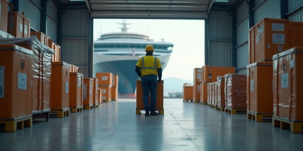 Un travailleur solitaire se tient derrière une rangée de conteneurs de transport orange dans un long couloir industriel