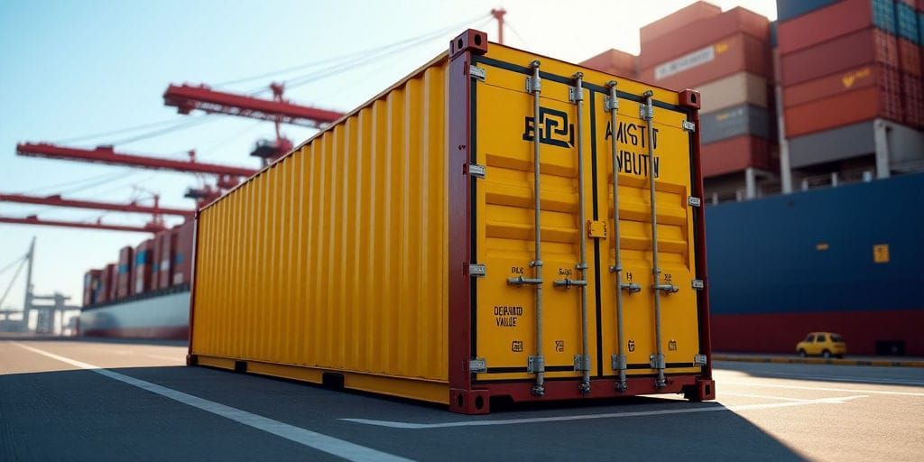 Um grande navio porta-contentores está atracado em um porto com guindastes vermelhos imponentes ao fundo