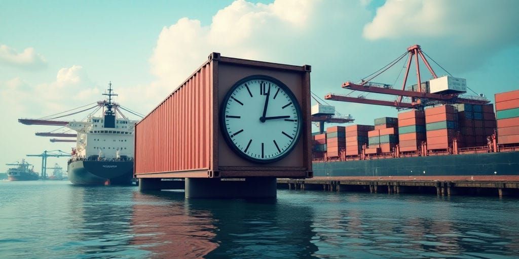 Một tàu container tối màu trôi trên mặt nước lặng với một container vận chuyển màu đỏ nổi bật ở tiền cảnh
