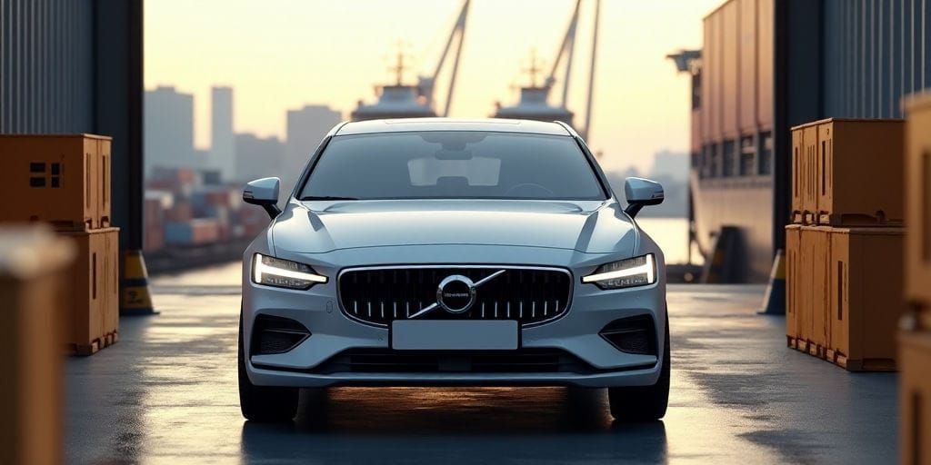 Um carro Volvo prateado está em destaque em uma superfície de concreto cinza com cones de sinalização amarelos por perto