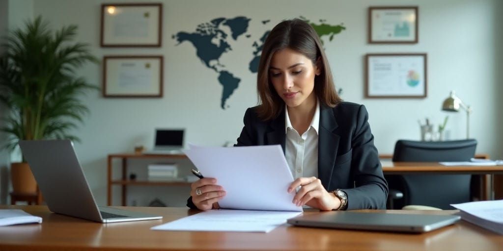 امرأة أعمال تكتب على وثيقة بيضاء على مكتب به حاسوب محمول ولوازم مكتبية، مما يوفر بيئة احترافية.
