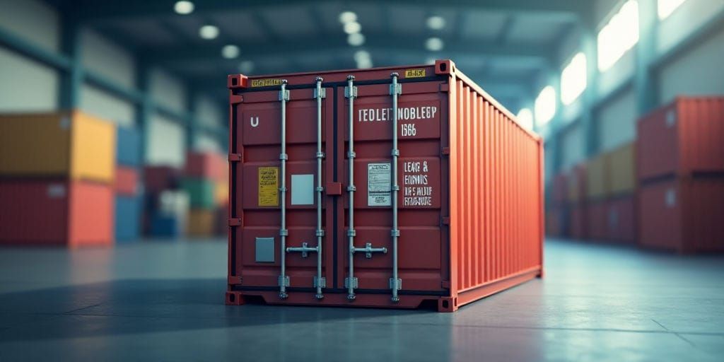Ein roter Schiffscontainer steht in einem leeren Lagerhaus mit hohen Decken und gedämpftem Licht. Er ist das zentrale Motiv des