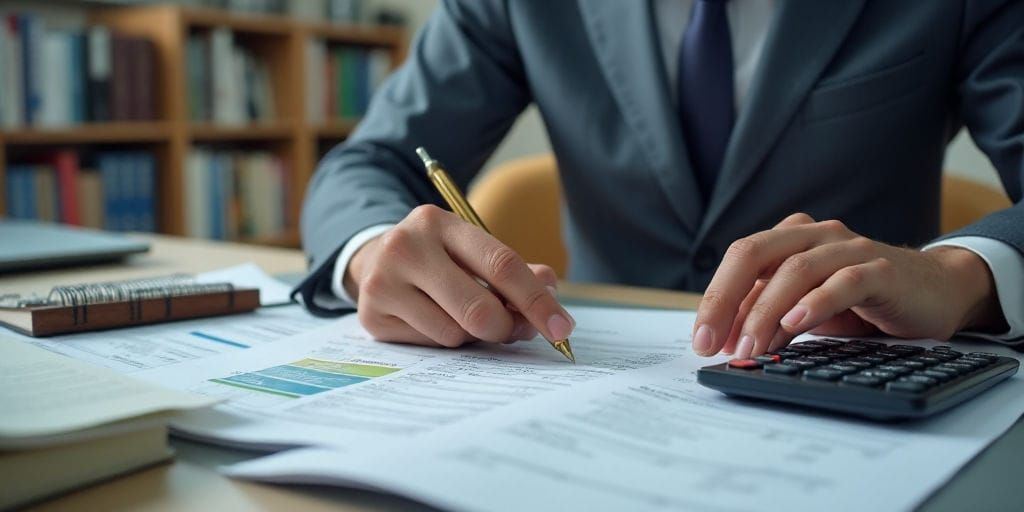 Ein Mann im Anzug schreibt konzentriert auf ein Dokument, mit einem Taschenrechner in der Nähe, was auf Finanzberechnungen und -analysen hindeutet.