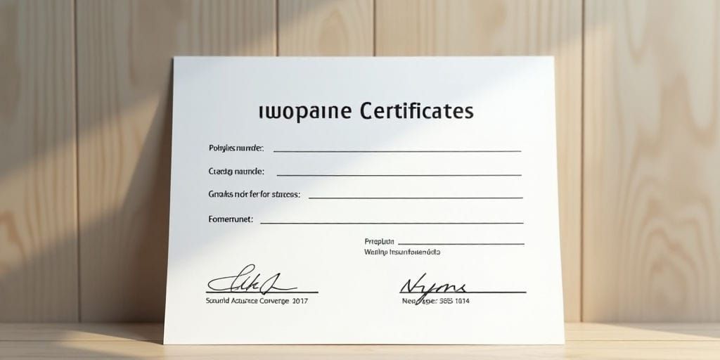 A white certificate with a dark gray background depicts a stylized icon of an open book and a shield representing insurance