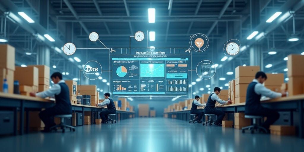 Vários trabalhadores sentam-se em mesas em um armazém bem iluminado examinando caixas e monitores de computador. A cena sugere dados