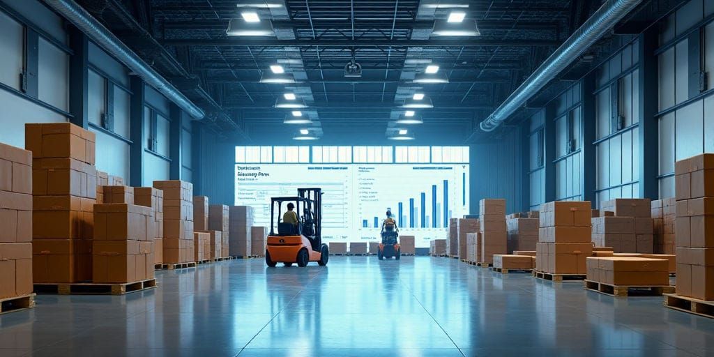 Một chiếc xe nâng vận chuyển các chồng hộp màu cam qua một nhà kho lớn trống rỗng chứa đầy hàng hóa