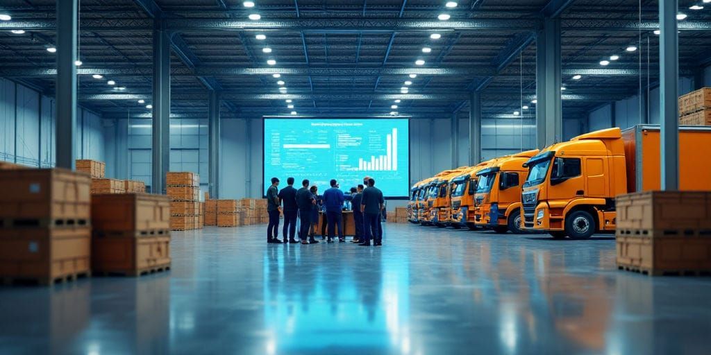 Vài người đàn ông đứng quanh một màn hình lớn trong nhà kho công nghiệp sáng đèn, xem xét các biểu đồ dữ liệu giữa những chồng vật liệu màu cam