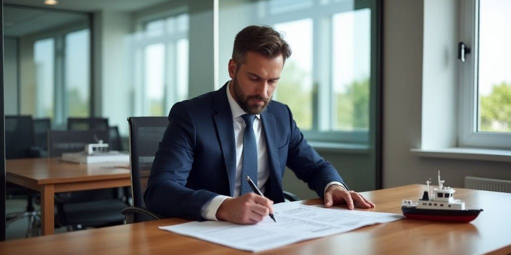 A man in a dark suit is writing on a document at a desk with a small ship model and a notepad