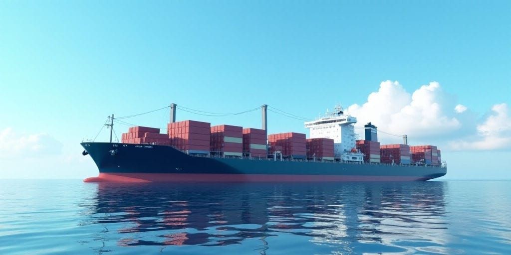 Um grande navio-tanque preto navega no oceano aberto. Seu casco é proeminente contra a água azul calma que reflete o céu.