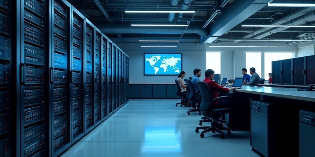 Mehrere Fachleute arbeiten aufmerksam an einem modernen Serverraumtisch, der von blauem Licht und Monitoren beleuchtet wird, die anzeigen