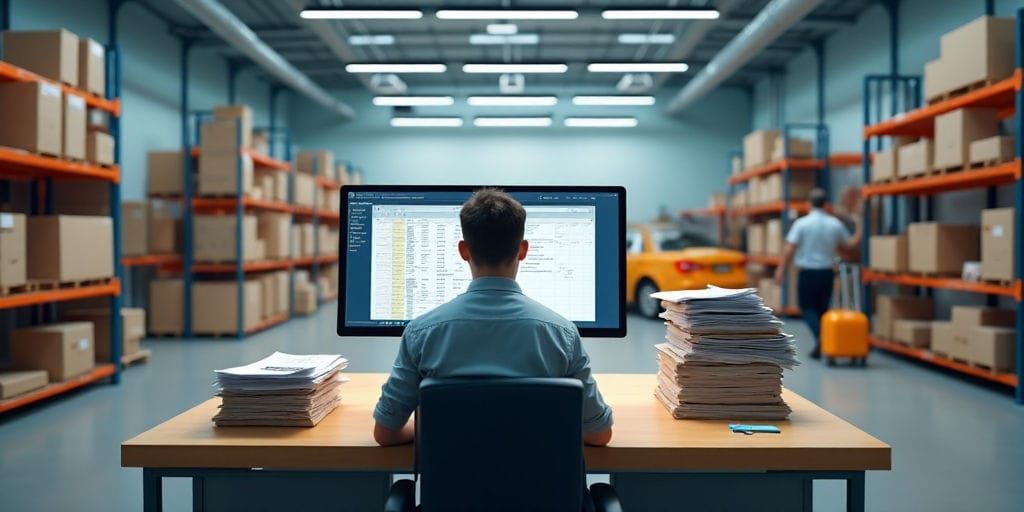薄暗い倉庫の雑然とした机に座る男性。周囲には書類の山と、表示されているコンピューターモニターがある。