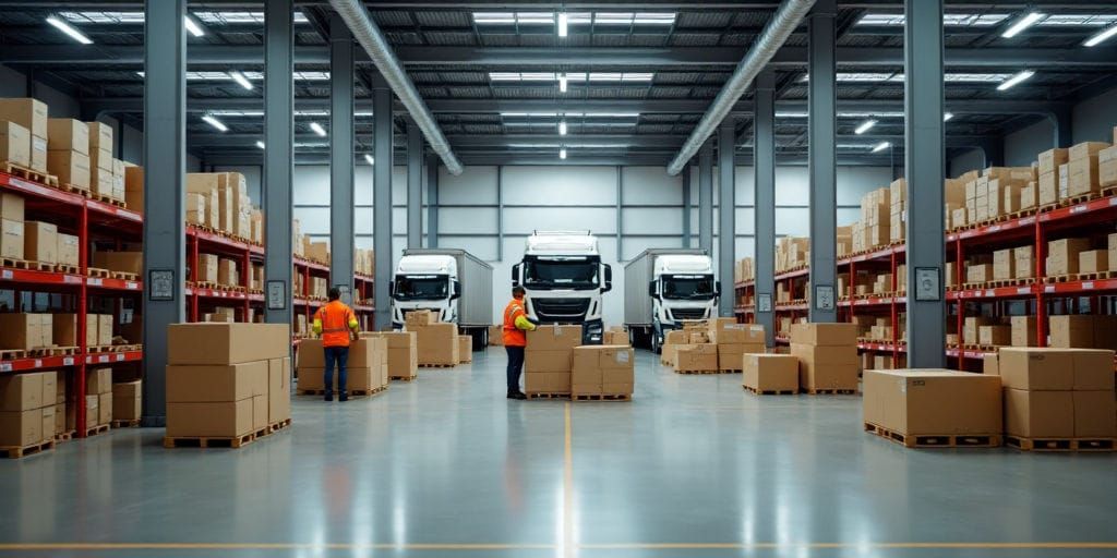 Un ouvrier portant un gilet orange haute visibilité déplace des cartons dans un entrepôt bien éclairé rempli d'étagères et de deux camions