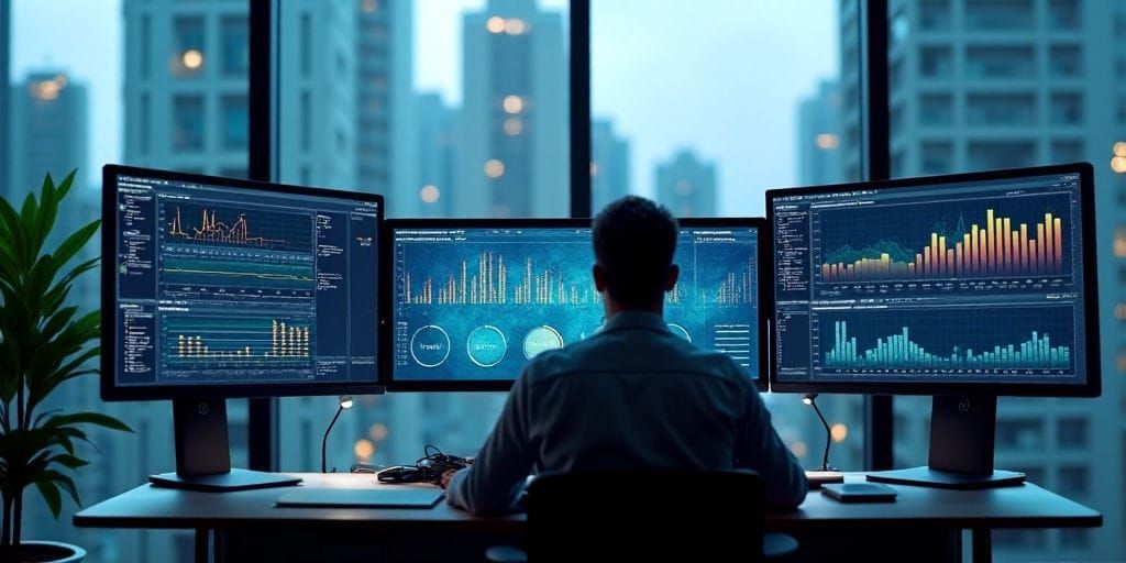 Um homem está sentado em uma mesa revisando múltiplos monitores de computador exibindo gráficos e diagramas complexos, provavelmente relacionados a previsão