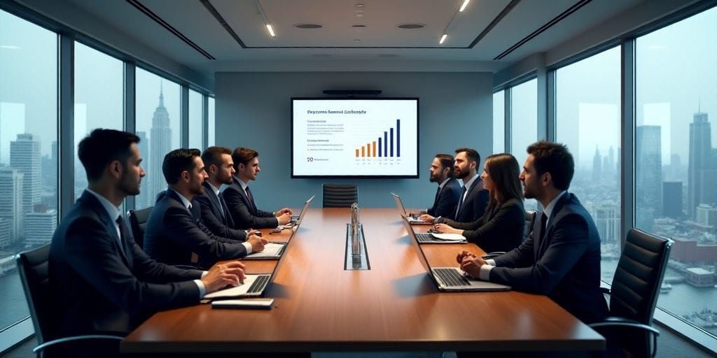 Plusieurs professionnels des affaires sont assis autour d'une grande table de conférence, examinant des documents tout en regardant des ordinateurs portables dans un