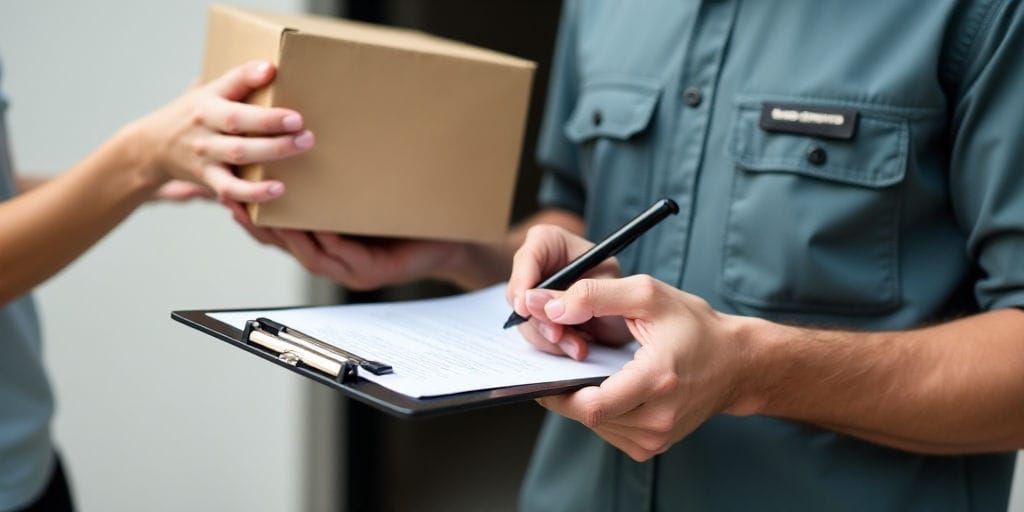 Một người giao hàng đang cầm một bảng kẹp giấy và viết vào một cuốn sổ có kẻ dòng, có lẽ đang hoàn thành một biểu mẫu xác nhận giao hàng.