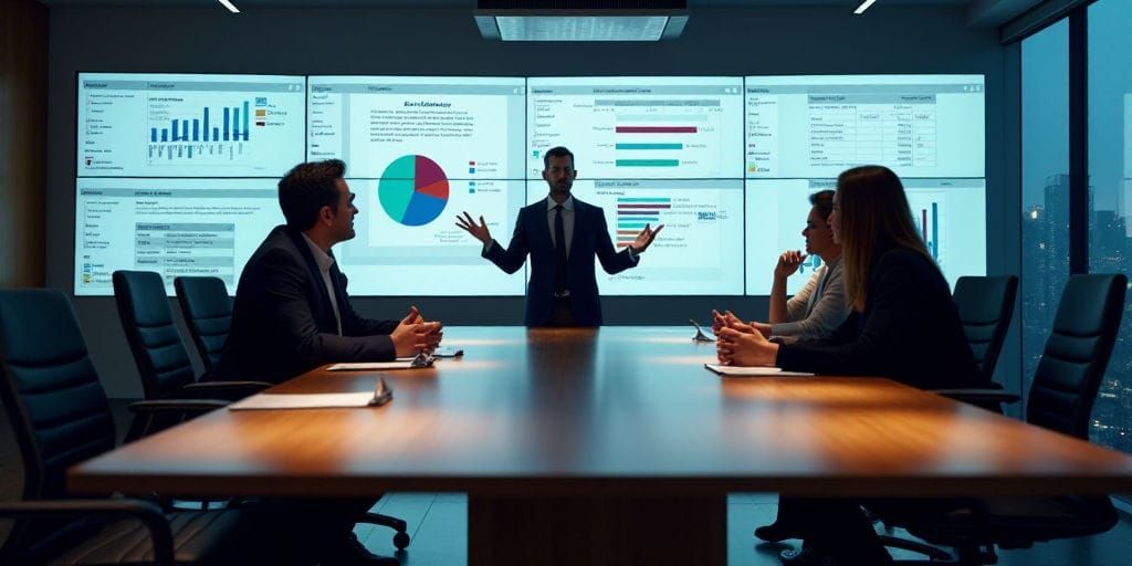 Trois professionnels des affaires sont assis à une élégante table de conférence en bois, examinant des données sur plusieurs grands moniteurs dans un environnement moderne