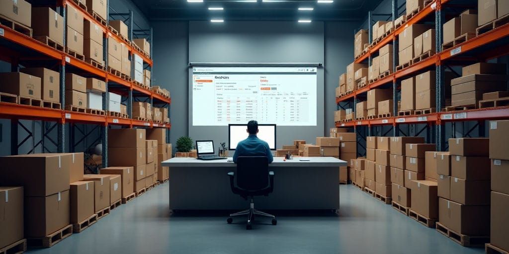 倉庫の机に座っている人物が、数多くの段ボール箱に囲まれている。コンピューターモニターが見えており、示唆している