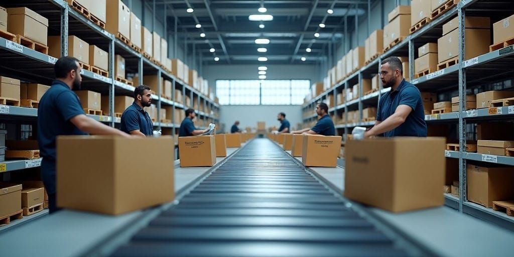 Một số công nhân vận hành băng chuyền bên trong một nhà kho lớn chứa đầy vô số thùng carton.