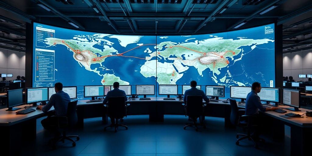 Vier Bediener überwachen mehrere Computerbildschirme in einem schwach beleuchteten Kontrollraum und analysieren Daten im Zusammenhang mit Routing-Software.