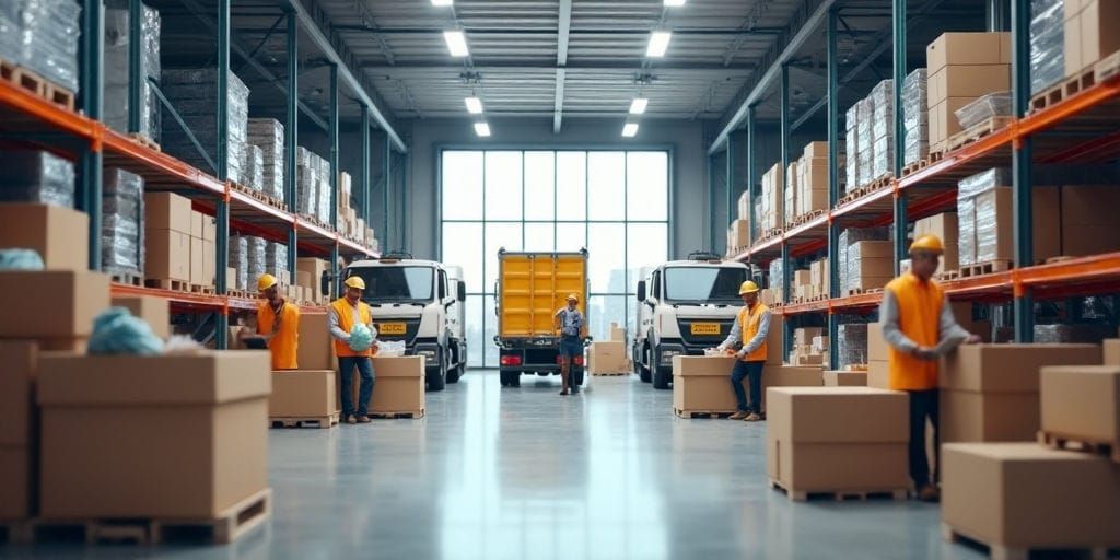 Un cariste déplace une boîte en carton à travers un vaste entrepôt rempli de boîtes empilées et d'étagères visibles