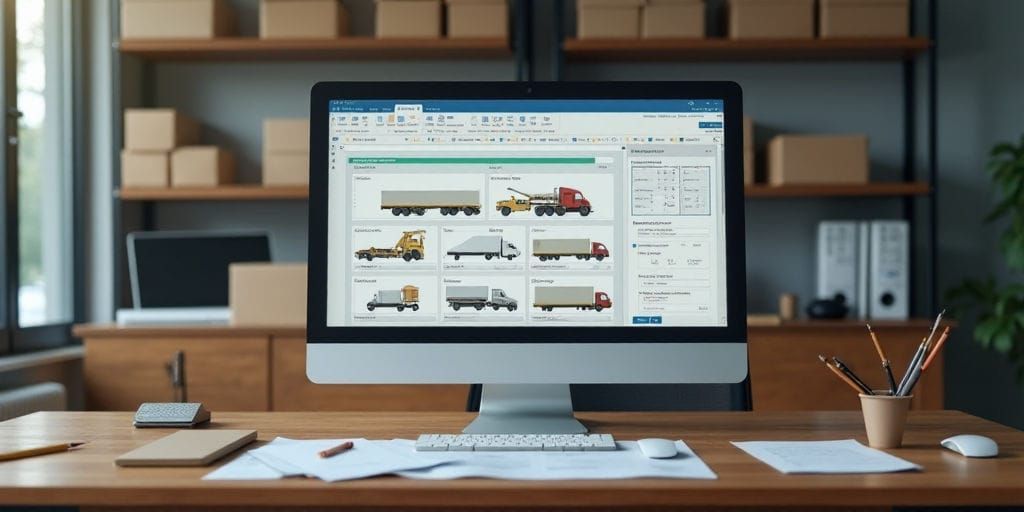 Một xe bán tải lớn có rơ-moóc đang di chuyển về phía trước trên đường. Một chiếc máy tính hiện đại đặt trên bàn gỗ.