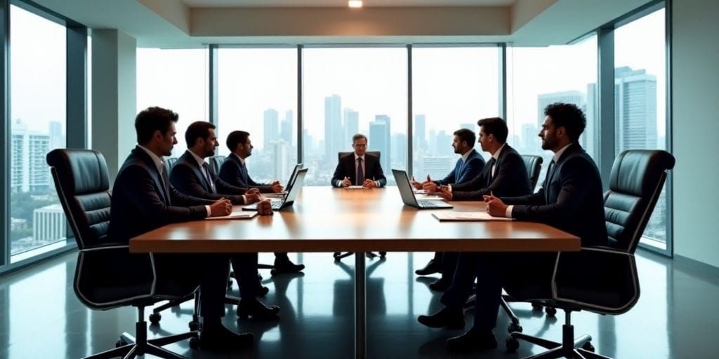 Um grupo de executivos de negócios senta-se ao redor de uma grande mesa de conferências moderna com vista para o horizonte de uma cidade no centro.