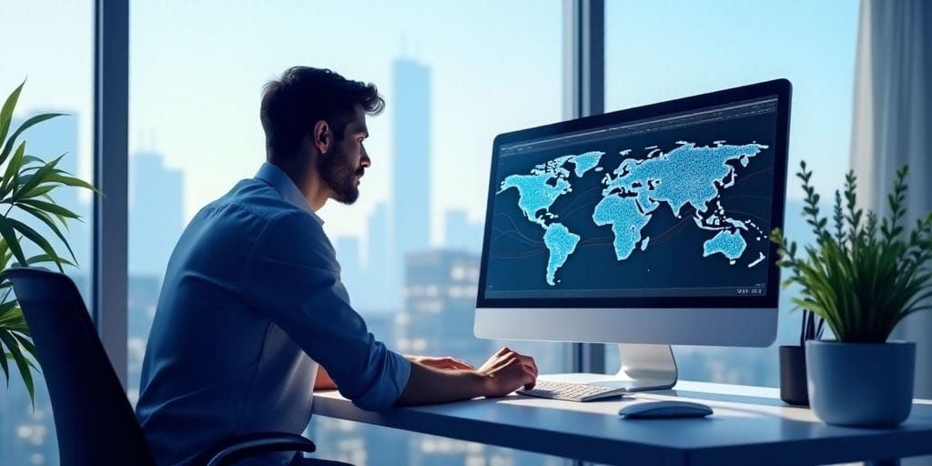 男性がモダンなデスクに座り、窓から街並みが見える中、コンピューターの画面を真剣に見つめて作業している。
