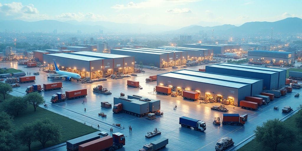 Un grand complexe industriel présente de nombreux entrepôts modernes gris et des camions sur une étendue pavée suggérant la logistique