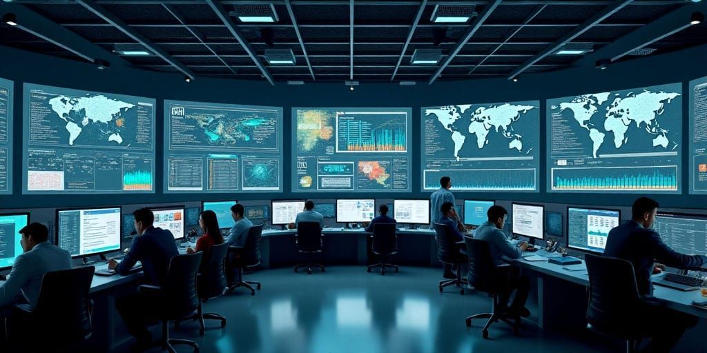 Une équipe surveille des affichages de données complexes dans une salle de contrôle bien éclairée, affichant des cartes et des analyses pour la chaîne d'approvisionnement.