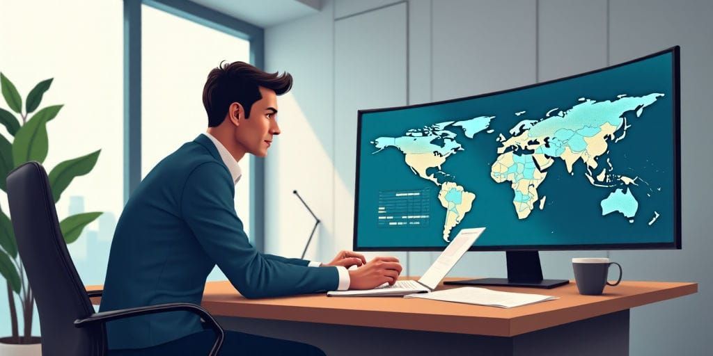 Một người đàn ông mặc vest ngồi tại bàn làm việc hiện đại, đang gõ máy tính xách tay với màn hình lớn hiển thị bản đồ thế giới