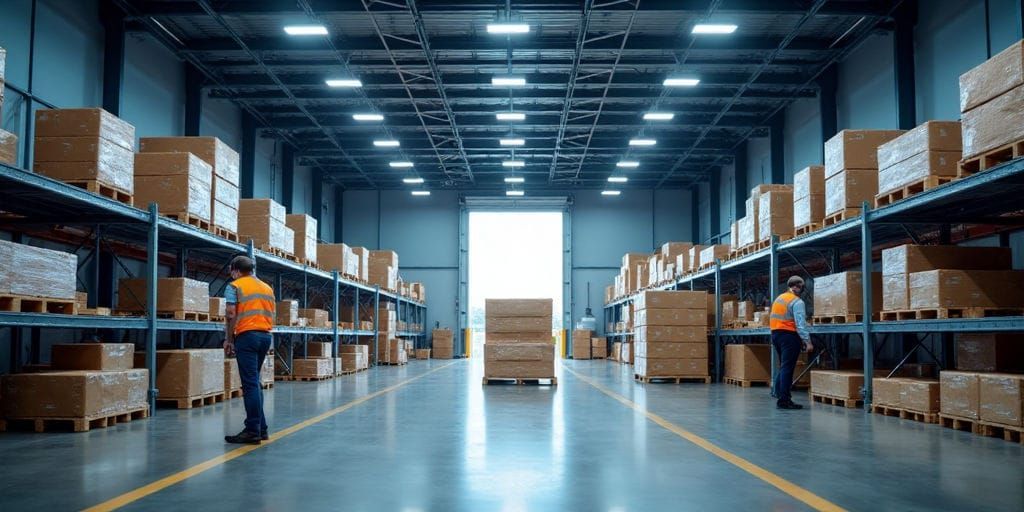 Deux ouvriers en gilets orange se tiennent dans une longue allée d'entrepôt examinant des piles de cartons sur des étagères Le sol est