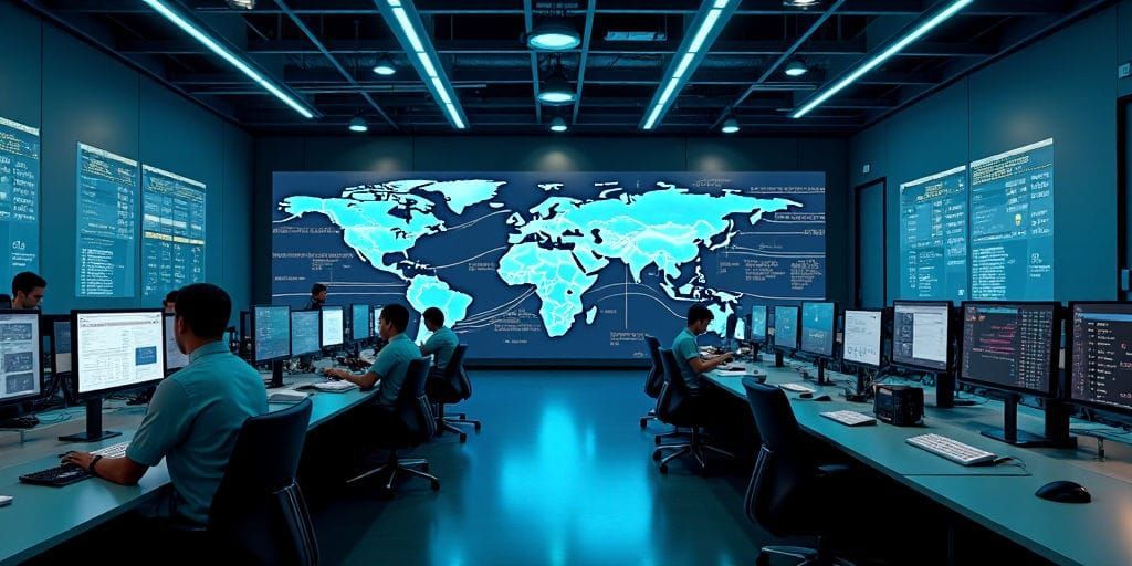 يراقب العديد من المهنيين شاشات حاسوب عديدة في غرفة تحكم حديثة تعرض بيانات متعلقة بالإمدادات العالمية