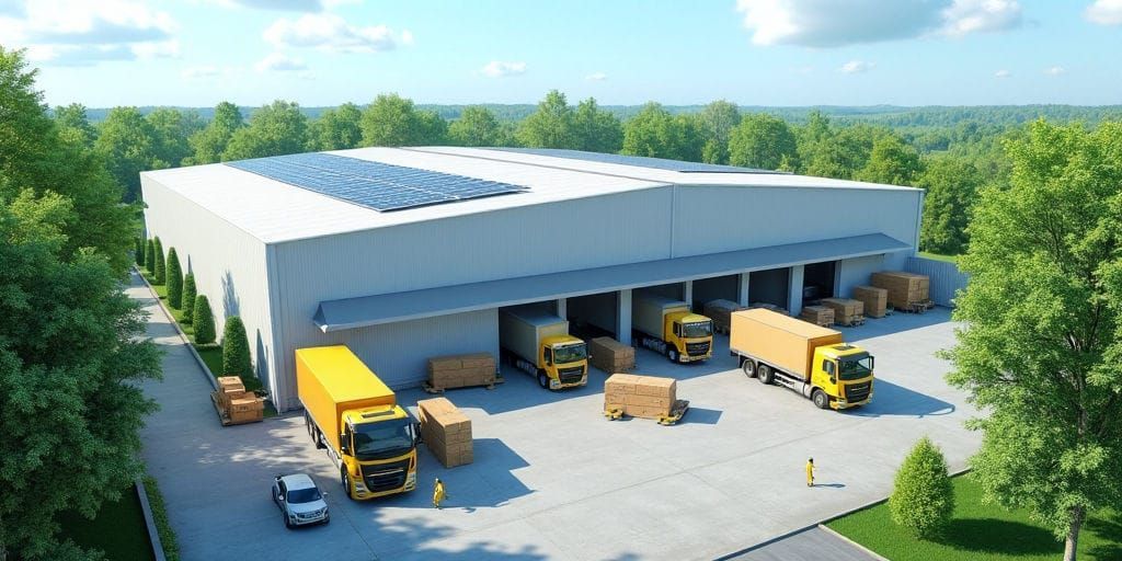 Hai chiếc xe tải giao hàng màu vàng đứng cạnh một nhà kho hiện đại lớn với vài chiếc hộp mở trên vỉa hè màu xám