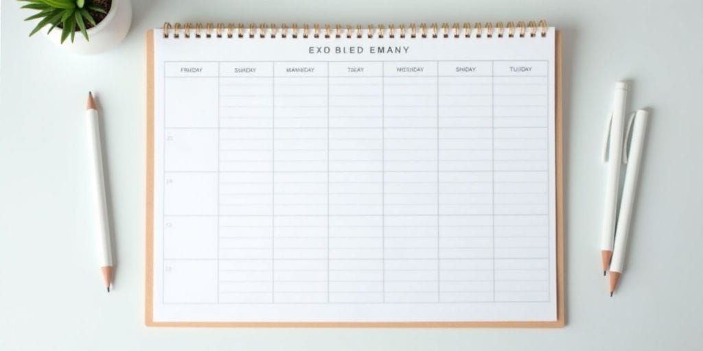 Un bureau blanc présente une surface en bois clair et un carnet vierge avec un crayon et des stylos éparpillés dessus