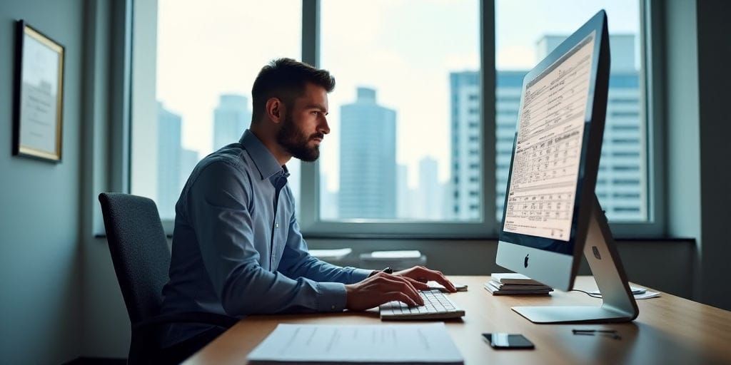 A man in a blue shirt types on a sleek gray Apple iMac computer at a modern desk with a cityscape view visible through the