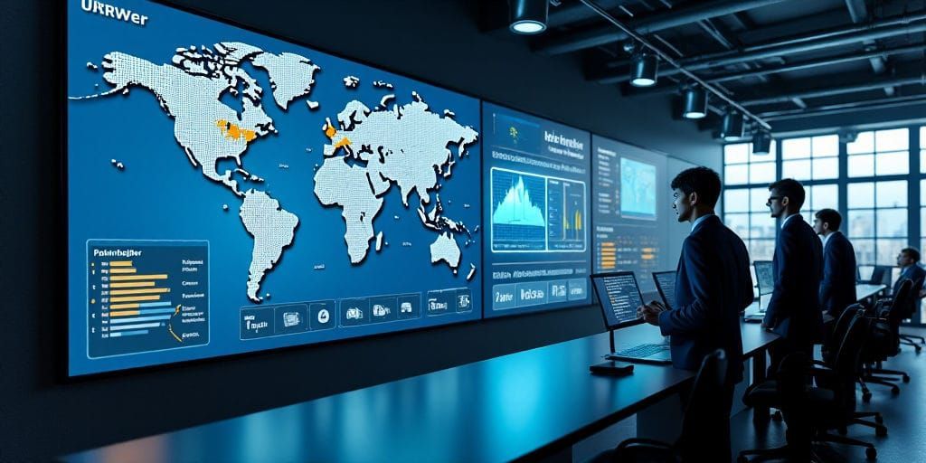 Mehrere Männer untersuchen aufmerksam große Monitore, auf denen Datenvisualisierungen in einer modernen Büroumgebung angezeigt werden.