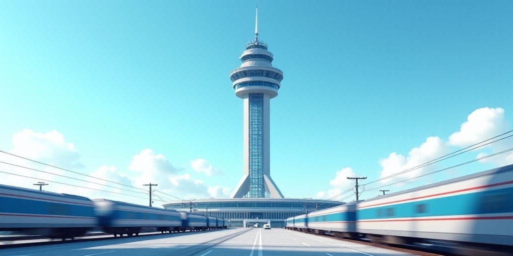 Uma torre de controle de tráfego imponente domina a cena com trens azuis elegantes correndo em sua direção sob um céu claro