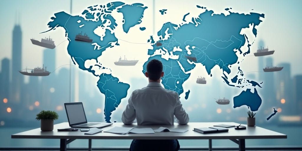 Ein Mann sitzt an einem Schreibtisch und betrachtet einen Laptop, durch das Fenster ist eine Stadtkulisse mit kleinen Booten zu sehen.
