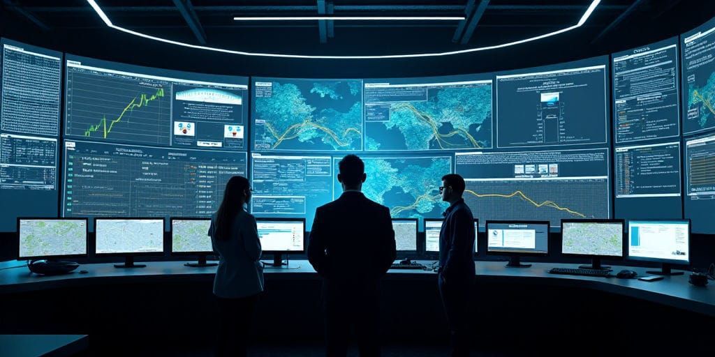 Drei Figuren stehen vor einem Bank beleuchteter Computerbildschirme, die komplexe Datenvisualisierungen anzeigen, wahrscheinlich im Zusammenhang mit