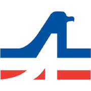 Thiết kế logo trừu tượng màu xanh lam và đỏ với hình dạng dốc lên.